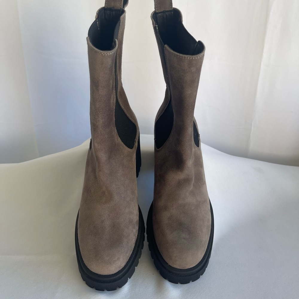 Women's Taupe Suede Chunky Chelsea Heeled Boots - Picture 9 of 13